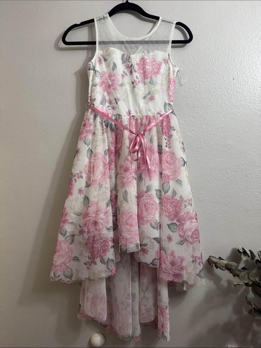 Beautees- Girls' White and Pink Floral High-Low Formal Dress with Satin Belt /10